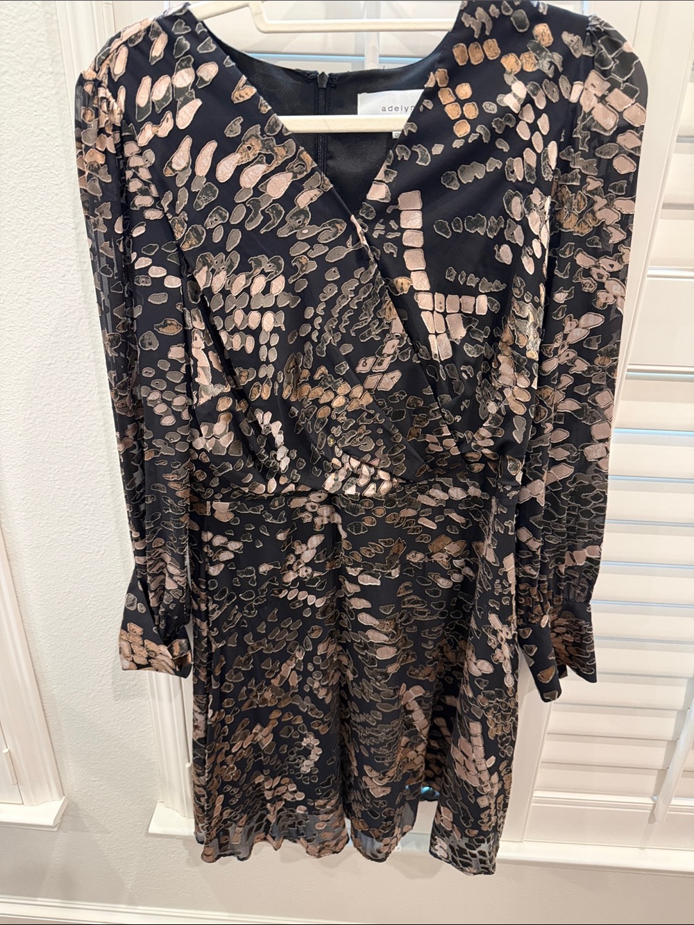 Adelyn Rae Black Long-Sleeve Wrap Dress with Beige & Tan Abstract Print